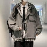 Advbridge Fake Two Piece Men's Jacket Coats Loose Plaid Print Hooded Tops Spring Fashion Jackets Men Tide Coat