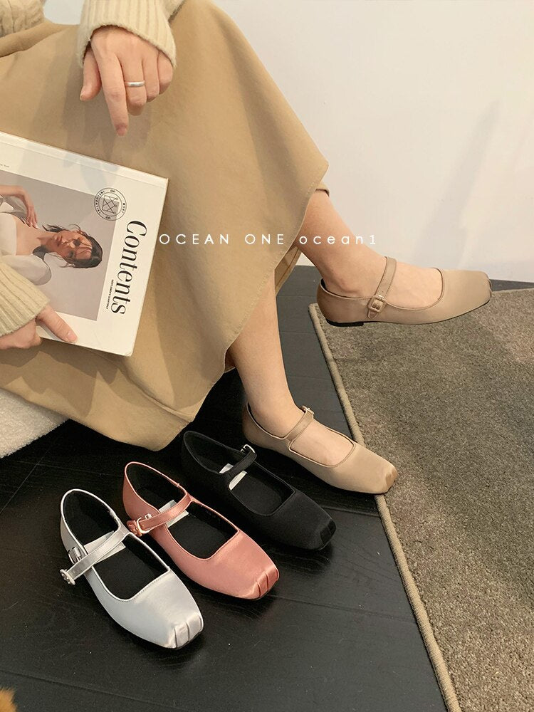 Advbridge 2023 NEW Classic Silk Ballet Shoes Buckle Strap Ballet Shoes Women Square Toe Simple Women Flats Elegant Valentine Shoes