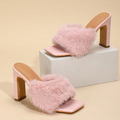 Advbridge Liyke New Square High Heels Mules Slippers Fashion Pink Fur Feather Summer Sandals Peep Toe Slip-On Shoes Women Slide Pumps