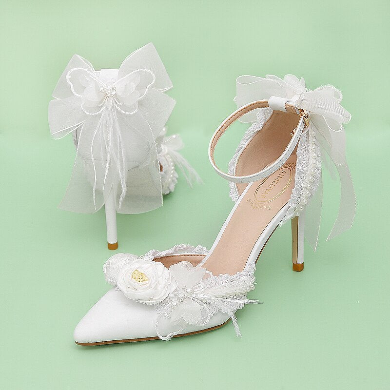 Advbridge French Elegant Bride Lolita Lace Bowknot Pearl Point Baotou Sandals One Word Flower Wedding Lo Wedding Shoes