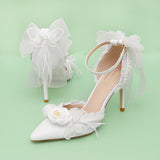 Advbridge French Elegant Bride Lolita Lace Bowknot Pearl Point Baotou Sandals One Word Flower Wedding Lo Wedding Shoes