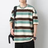 Advbridge Summer New Striped Couples T-shirts  Men and Women Loose Round Neck Contrast Color Cotton Quality Short Sleeve Best Seller