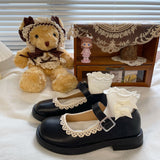 Lace Patchwork Girls Mary Janes 2022 Spring Buckle PU Japanese Style Kawaii Zapatillas Mujer Fashion Black Daily Ladies Shoes
