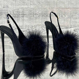 Advbridge Purple Black Silk Ostrich Feather Fur High Heel Sandals Peep Toe Thin Heels Square Peep Toe Woman Banquet Shoes