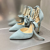 Advbridge Pearl Rhinestone Strap Lace- Up Light Blue Sandals Women Bandage Bow High Heels Party  Suede Pointed Toe Pumps Female Shoes