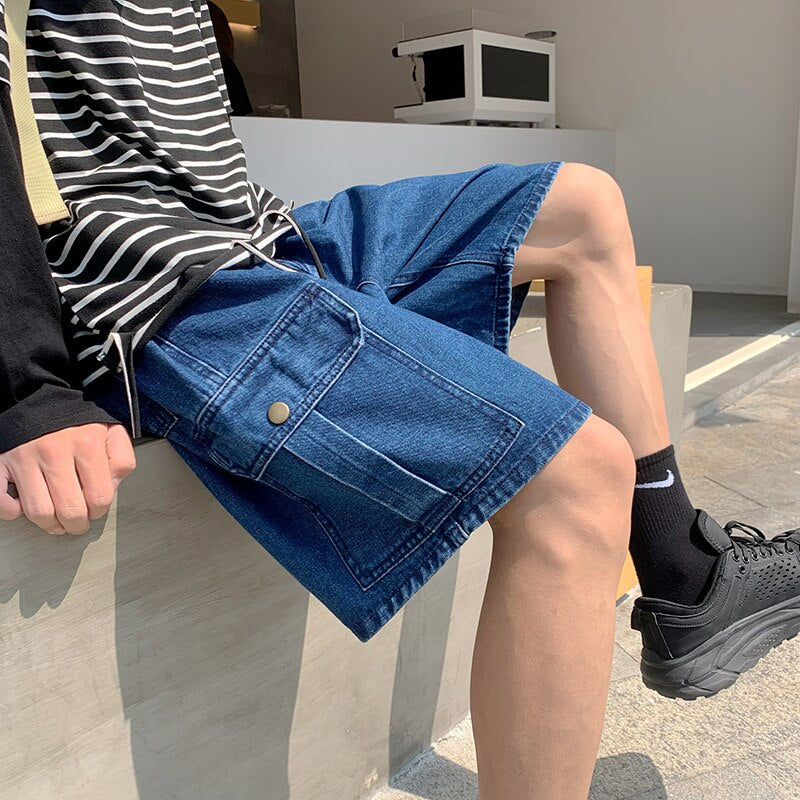 Advbridge Mens Patchwork Color Denim Shorts Streetwear Bermuda Male Multi-Pockets Casual Half Jean Summer Fashion Cargo Shorts Men