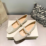 Advbridge Square Toe Pearl One Word with Mary Jane Shoes Women's New Suede Shallow Mouth Comfortable Flat Shoes