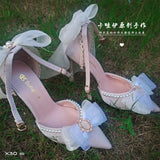 Advbridge Kawaii Girls Spring Pearl Pointed Sandals High Heel Sweet Lolita Shoes Lace Bowknot Princess Cute Girl Women Lolita Shoes Cos