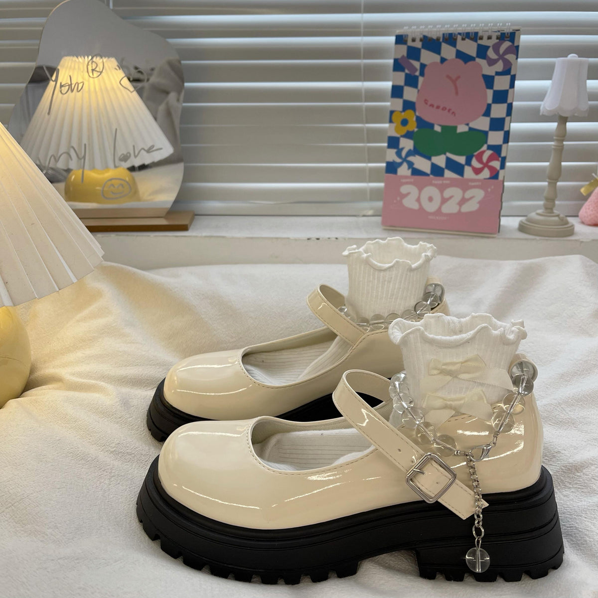 Advbridge Kawaii White British Jk School Girls Loli Shoes Lady Summer New Pearl Fairy Style Thick Platform Mary Jane Mid Heel 4.5cm