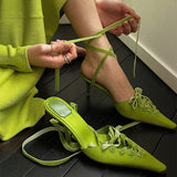 Advbridge New Summer Women' Sandals Green Cross Lace-Up Pumps Sexy Pointed Toe Stilettos Design Sense Fashion Silk Catwalk High Heels