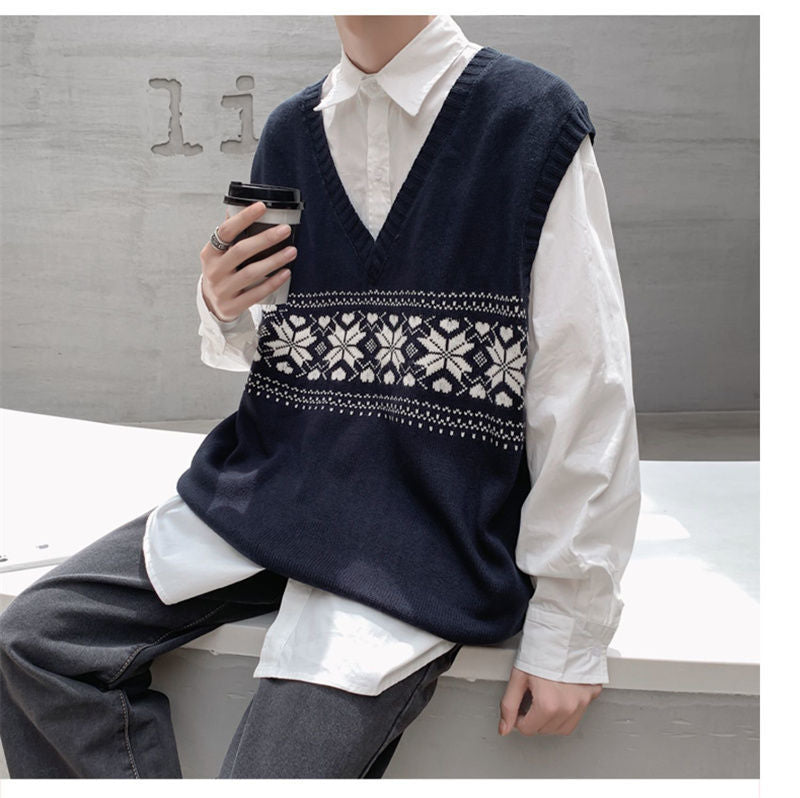 Advbridge Spring Autumn Winter Solid Patchwork Stripes Casual Pullover Vest Men Loose Knitted Top Student Sweater Retro Versatile Flower