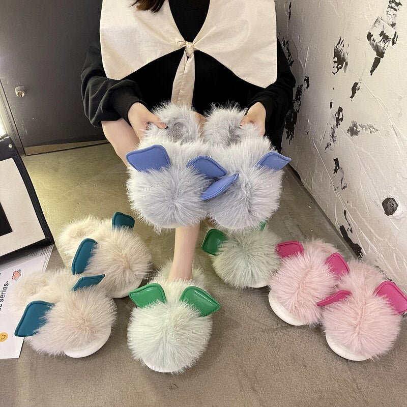 Advbridge Flat Shoes Female Womens Slippers Outdoor Luxury Slides Fur Flip Flops Flock Low Pantofle Winter Footwear Cover Toe Designer Plu