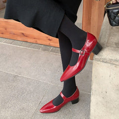 Advbridge Cowhide Women Pumps One Strap Buckle Shoes Vintage Color Mary Janes Women Pumps French Style Shoes On Heels 3.5 CM Pointed Toe