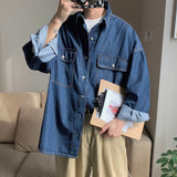 Advbridge Men's Long Sleeve Classic Hawaiian Cargo Shirts Pocket Loose Denim Shirts Fashion Trend Coats Blue Color Camisa Masculina