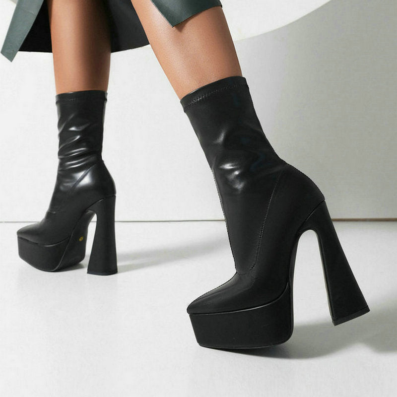 Advbridge Women Ankle Boots Platform Square High Heel Ladies Short Boots Faux Leather Pointed Toe Dress Female Shoes Plus Size 45