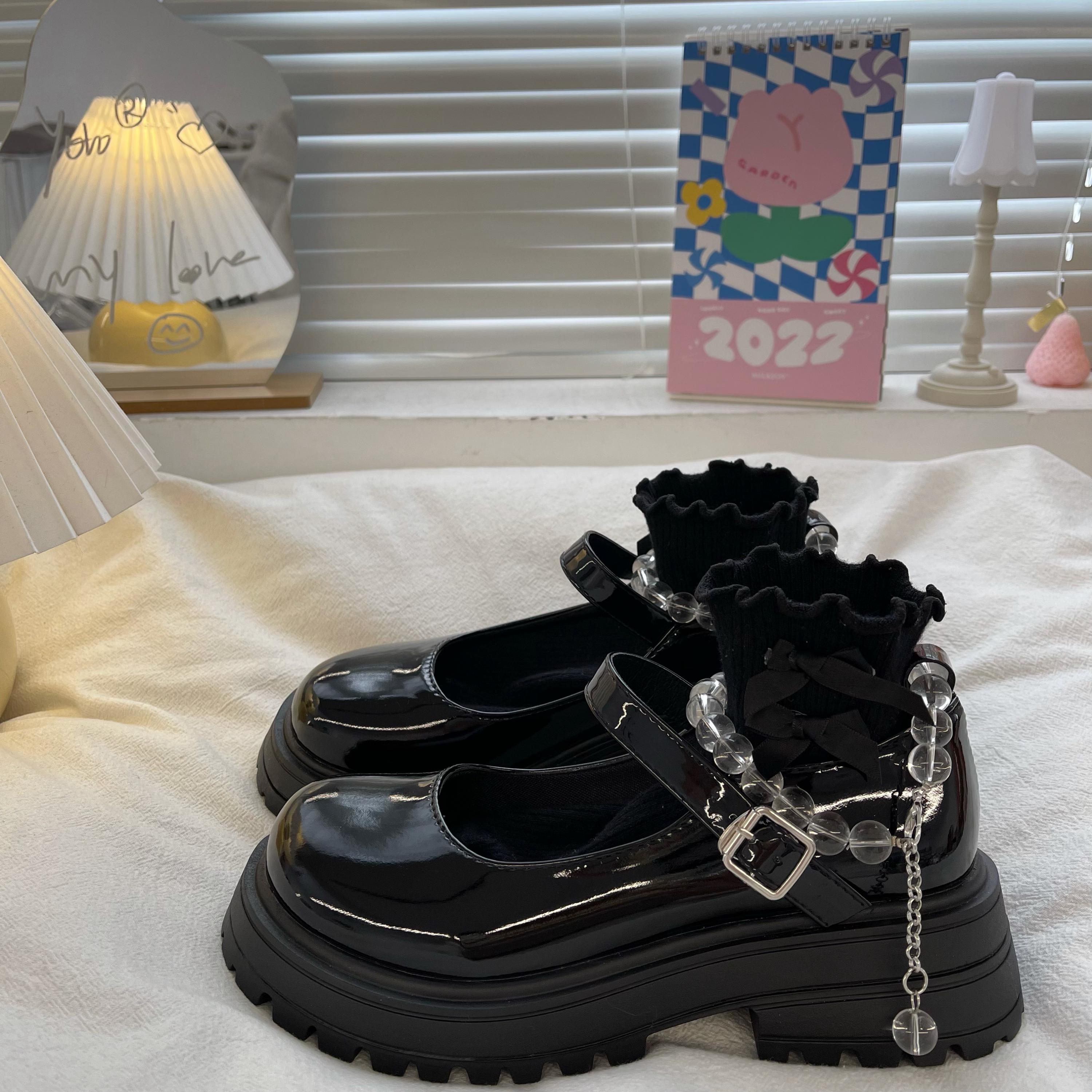 Advbridge Kawaii White British Jk School Girls Loli Shoes Lady Summer New Pearl Fairy Style Thick Platform Mary Jane Mid Heel 4.5cm