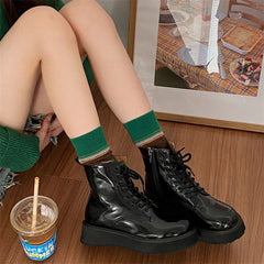 Advbridge New Platform Ankle Boots For Women Patent Leather Chunky Motorcycle Boots Ladies Autumn Winter Booties Shoes Black Lace Up