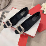 Advbridge Women's Shoes Rhinestone Square Buckle Shoes Women's 2021 Spring New Square Toe High Heels Chunky Heel Satin Wedding Shoes