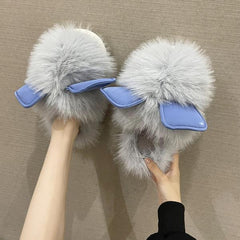 Advbridge Flat Shoes Female Womens Slippers Outdoor Luxury Slides Fur Flip Flops Flock Low Pantofle Winter Footwear Cover Toe Designer Plu