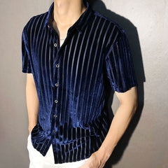 Advbridge High Quality Shirt Trendy Transparent Blue Stripe Shirt Men Sexy Velvet Shirt Men Short Sleeve Clothing See Through Social Club