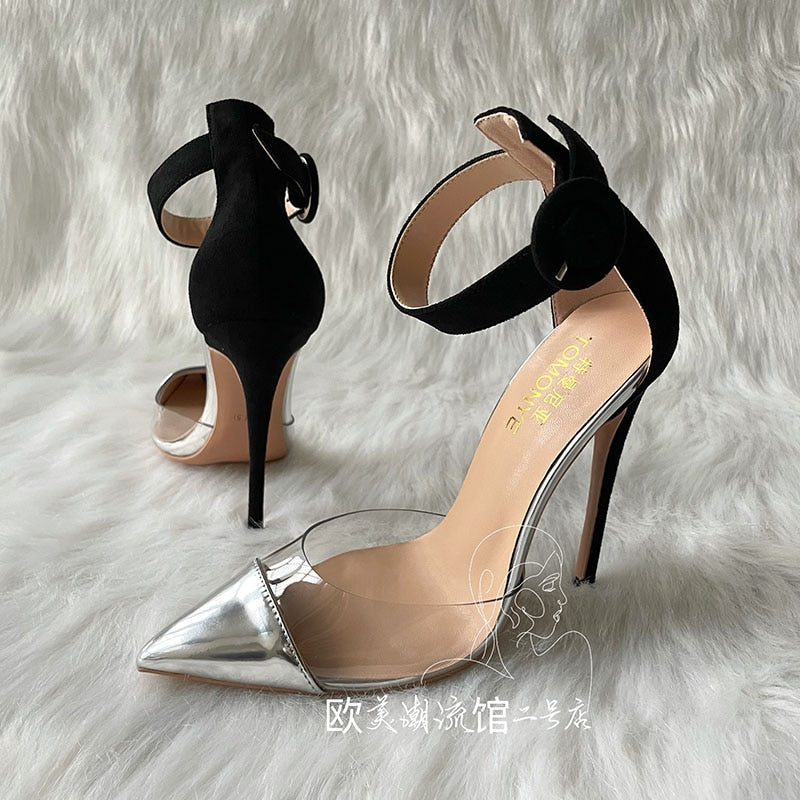 Advbridge Free Shipping Silver PVC Pointed Toe Two Piece Black Suede With Ankle Strap Women Lady 120mm High Heel Shoes Pump