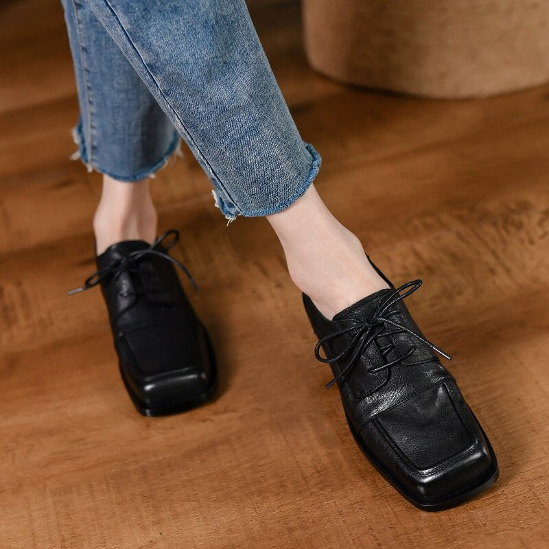 Advbridge Spring Autumn Vintage Simple Shoes Ladies Cowhide Soft Leather Lace-Up Flats Low Heel SquareToe British Style Daily Shoes Woman