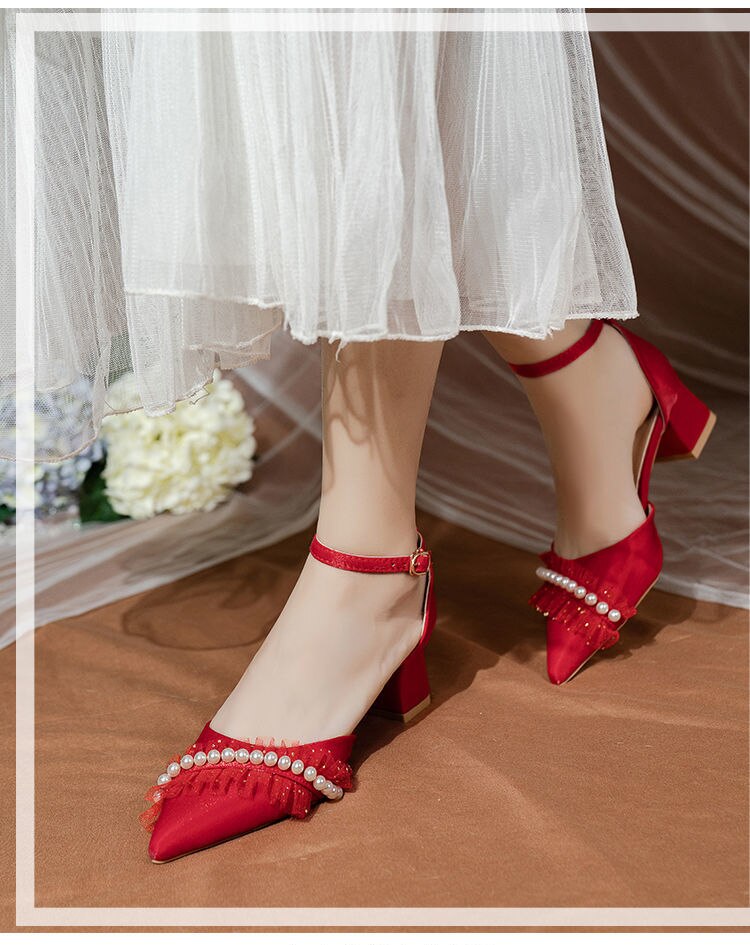 Advbridge Elegant Wedding Shoes Women Korean Style Pearl Ankle Strap Chic Bridal Shoes Female Satin Casual Medium Heels Shoes Autumn