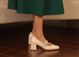 Advbridge Mary Jane Shoes Retro Style High Heel Elegant Women Pumps 6cm Crystal Lady Shoes SquareToe Spring Atumn Real Leather talon femme