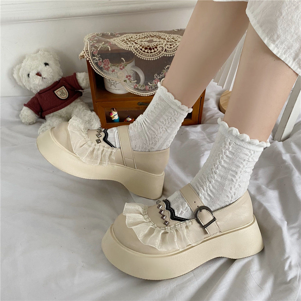 Advbridge Platform Shoes New Kawaii Thick heels Lolita Shoes Fashion Rivets JK Uniform Leather Shoes Lace Mary Jane Shoes Women's Shoes