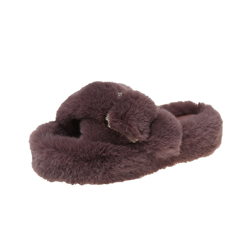 Advbridge Winter Women Fur Slippers Platform Indoor Non Slip Rubber Sole Slides Buckle Decoration Fashion Girl Shoes Ladies Flock Zapato