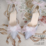 Advbridge Kawaii Girl Tea Party Elegant Pearl Love Lace Bowknot Lolita Shoes Multicolor Exquisite Embroidery Pointed Sandals Cosplay Lolit