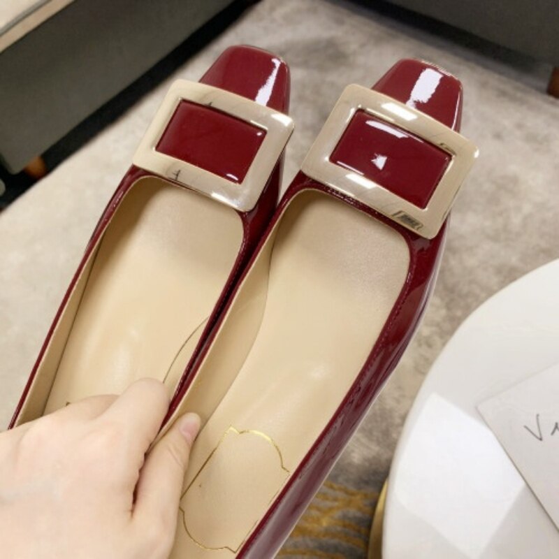 Advbridge Autumn and Winter Women's Shoes Patent Leather Square Toe Thick Heel High Heels Mid-heel Square Buckle  Wedding Shoes