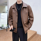 Advbridge Men's Fashion High Quality Solid Color Leather Jacket  Autumn Casual Turn-down Collar Button Coat