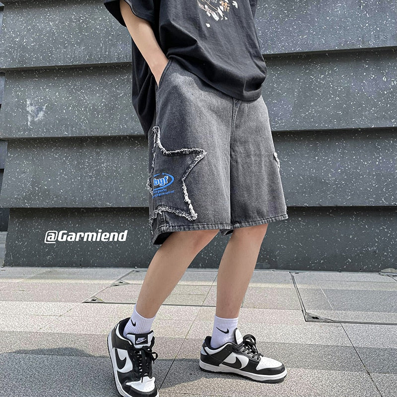 Advbridge Ripped Stars Patch Jeans Shorts for Men Summer Korean Fashion Trends Streetwear Bottoms Teenage Baggy Denim Pants Gothic Clothes