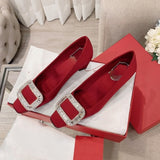 Advbridge Women's Shoes Rhinestone Square Buckle Shoes Women's 2021 Spring New Square Toe High Heels Chunky Heel Satin Wedding Shoes