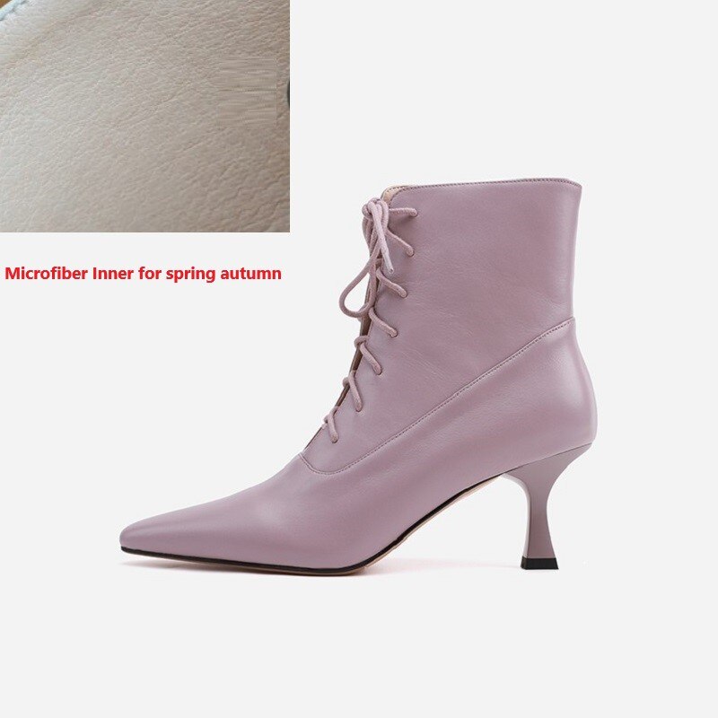 Advbridge Woman Ankle BootsThin Heel Shoes Lace-Up Winter Boots Korea Style Women Shoes On Heel 6.5 CM Cowhide Ladies Shoes Pointed Toe