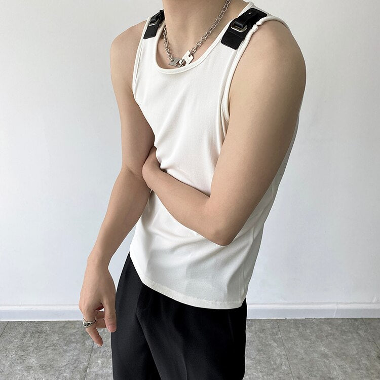 Advbridge Men's Leather Buckle Tank Tops Vest Tshirt Knitted Elastic Male Japan Korean Streetwear Fashion Slim Fit Tees Sleeveless T-shirt