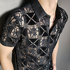 Advbridge Summer Luxury Abstract Geometric Pattern Transparent Shirt Short Sleeve See Through Button Up Shirt Men Camicia Uomo Black Shirt