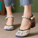 Advbridge Genuine Leather Retro Thick Heel Women Sandals Closed Toe Button Hollow Out Gladiator Sandals Luxury 5cm Shoes For Lady