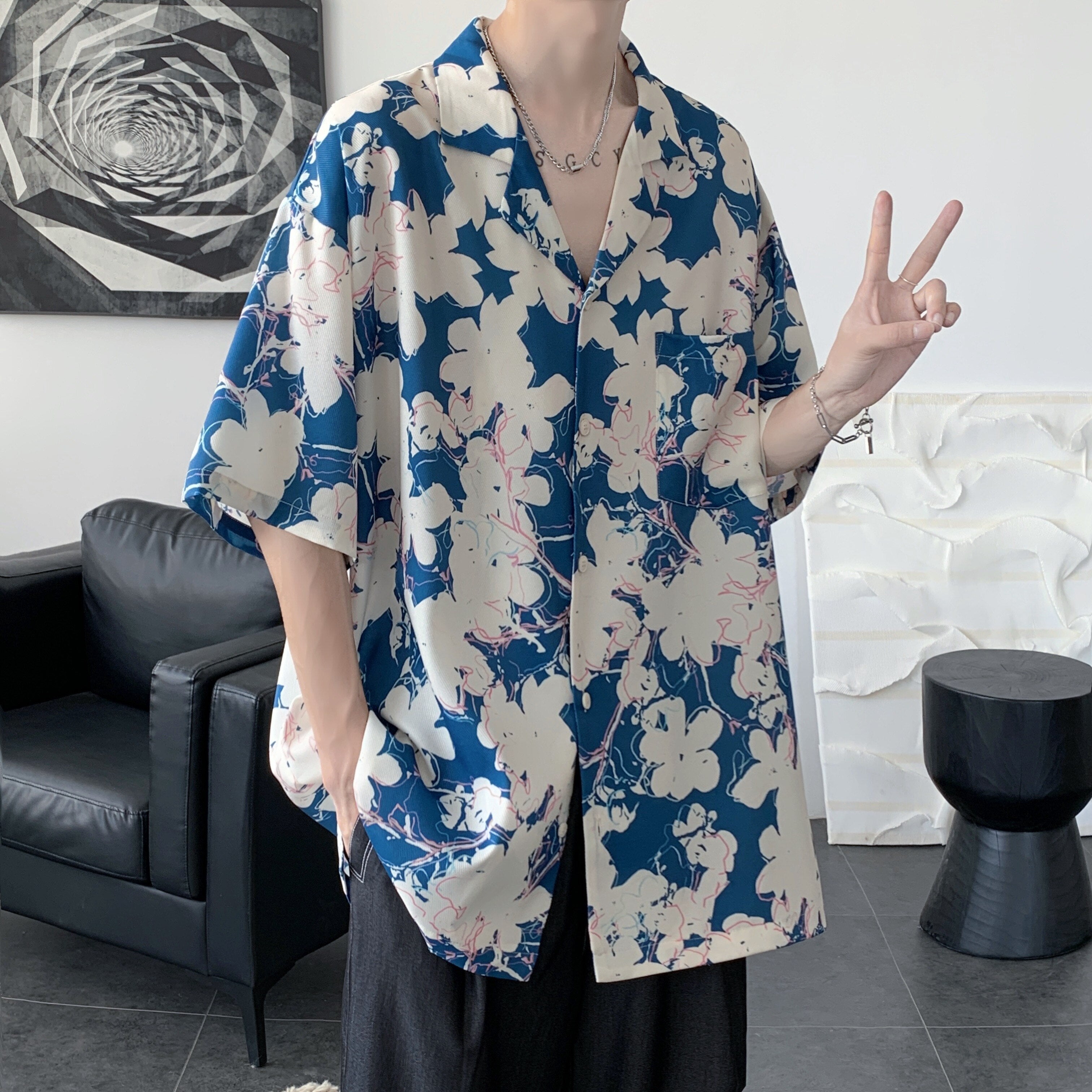 Advbridge Summer Men Short Sleeve Floral Shirt Streetwear Fashion Loose Turn-down Collar Mens Hawaiian Vibe Shirts Vacation Camisa