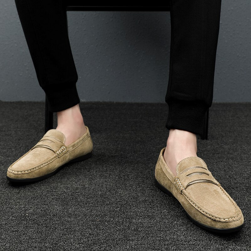 Advbridge Spring Summer Suede Men Loafers Comfortable Flat Casual Shoes Men Breathable Slip-On Soft Genuine Leather Driving Shoes Moccasin