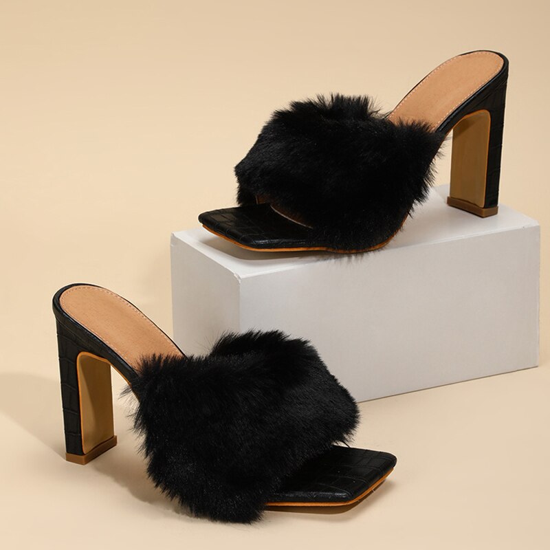 Advbridge Liyke New Square High Heels Mules Slippers Fashion Pink Fur Feather Summer Sandals Peep Toe Slip-On Shoes Women Slide Pumps