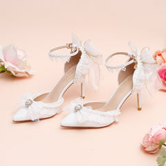 Advbridge Pure White Lace Bowknot Lolita Straight Line Sandals with Hollow High Heels Sweet Flower Wedding Lo Bridesmaid Wedding Shoes