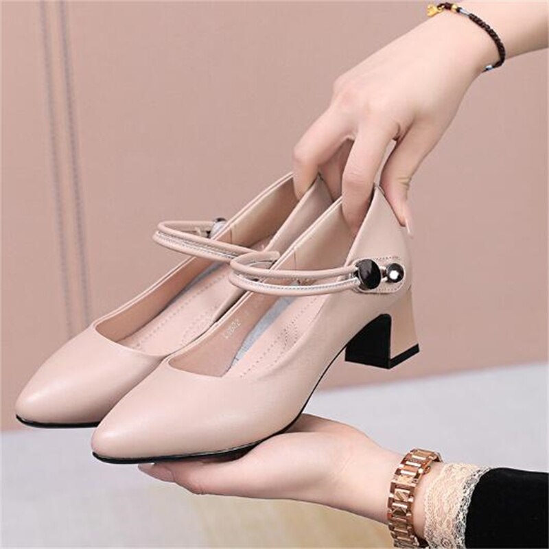 Advbridge  High-quality Cowhide Pointed Shallow Mouth Women Pumps Thick Heel Shoes Work Office Banquet Leather Shoes Large Size