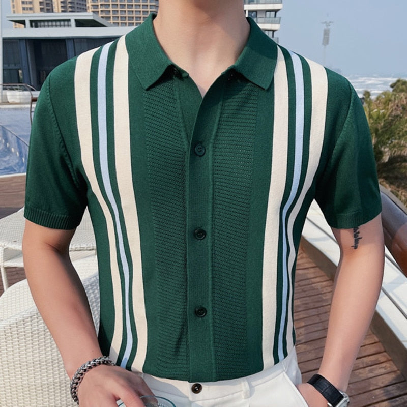 Advbridge Summer Man Ice Silk Short Sleeve  Polo Shirt Men British Slim Lapel Knitted Cardigan Casual Stripe Polo Shirt Polo Camisa Hombre