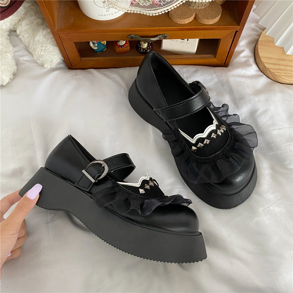 Advbridge Platform Shoes New Kawaii Thick heels Lolita Shoes Fashion Rivets JK Uniform Leather Shoes Lace Mary Jane Shoes Women's Shoes