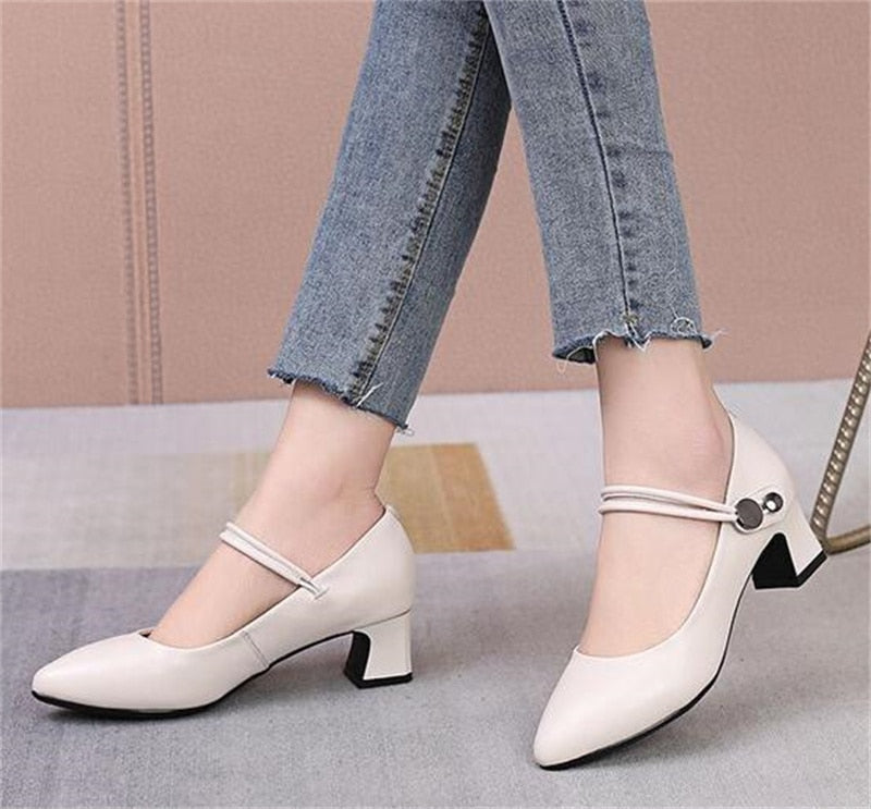 Advbridge  High-quality Cowhide Pointed Shallow Mouth Women Pumps Thick Heel Shoes Work Office Banquet Leather Shoes Large Size