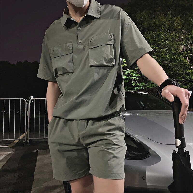 Advbridge Summer 2 Piece Set Short Sleeve Polo Shorts Army Green Big Pocket Men's Sports Suit Casual Social Street Wear Men Sets Clothing