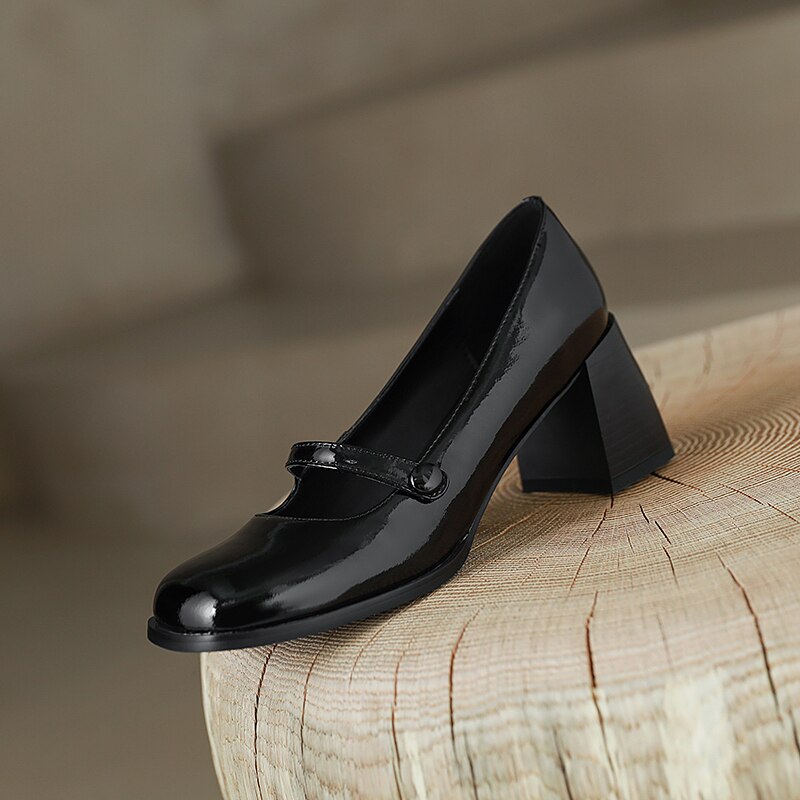 Advbridge 2023 new spring women pumps natural leather 22-24.5cm length cowhide Patent leather square toe Mary Jane Middle heel women shoes