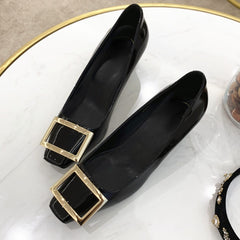 Advbridge Autumn and Winter Women's Shoes Patent Leather Square Toe Thick Heel High Heels Mid-heel Square Buckle  Wedding Shoes